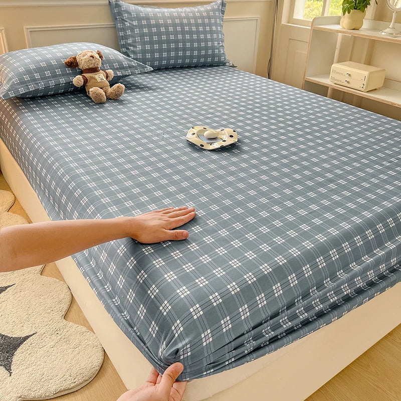 Plaid Style Fitted Sheet Skin-friendly Bed Cover Elastic Bedsheet Linen (No Pillowcase)