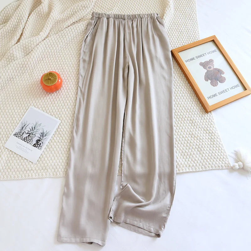 Loose Thin Solid Color Silk Satin Sleep Bottoms