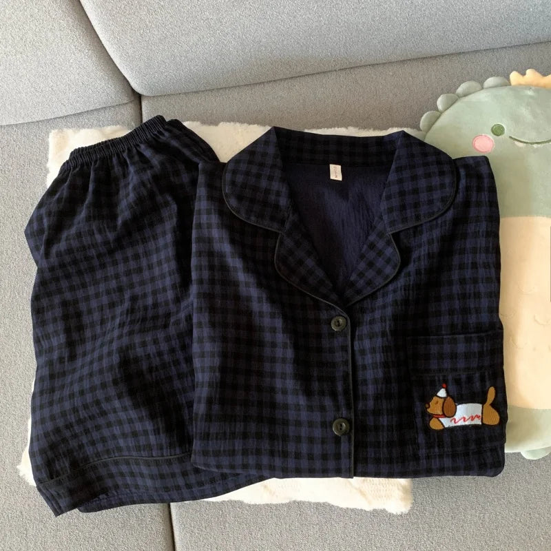 Embroidery Lapel Neck Elastic Waist Short Design Pajamas Set