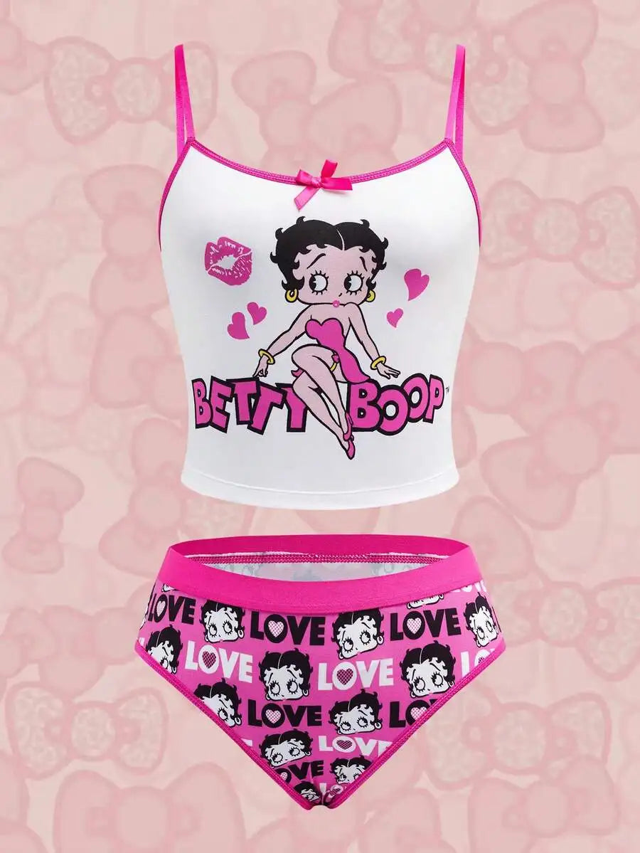 The Cartoon Betty Boo Print Crop Cami Top and Boy-shorts Set