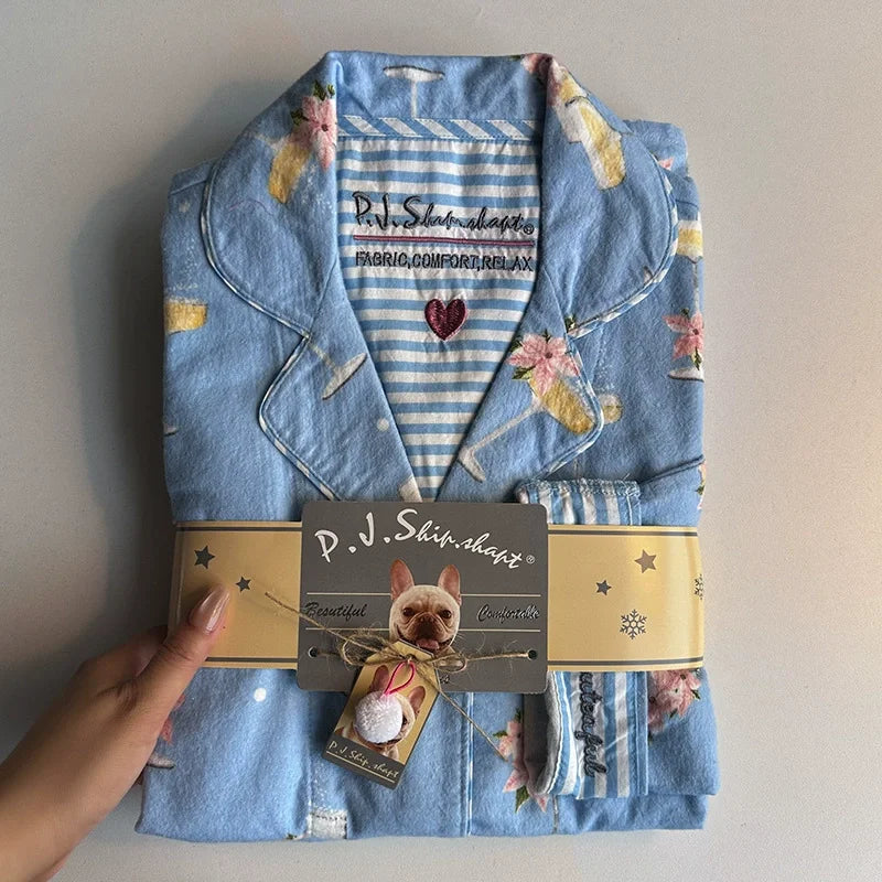 Women's Pajamas Set Cute Cartoon Print Sleepwear Top&pants Two-piece Soft Cotton Femme Nightwear