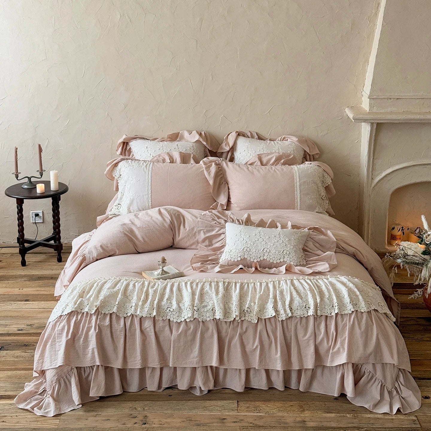 Romantic French Double Layer Lace Ruffles Bedding Set 20% Ramie, 80% Cotton Duvet Cover Set Quilted Bedspread Pillowcases