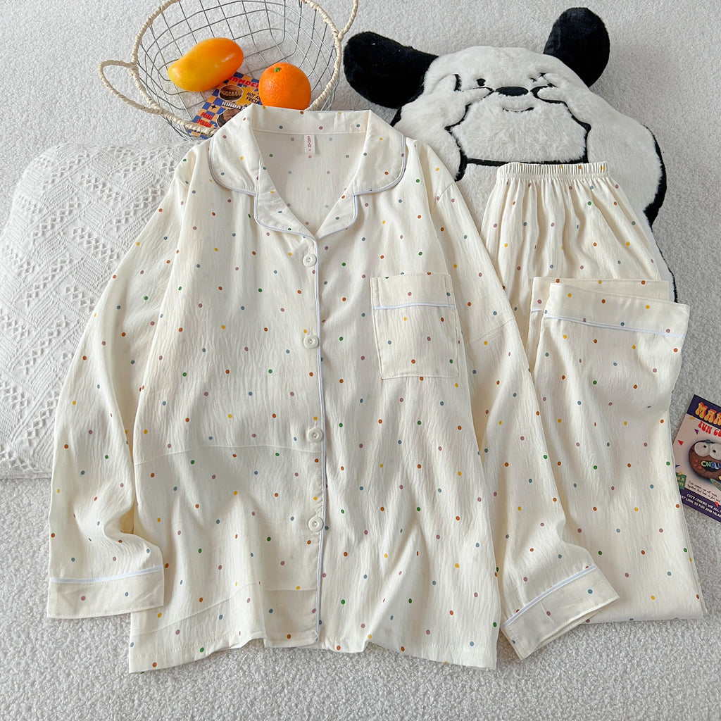 Polka Dot Print Women Pajamas Long 2 Piece Set