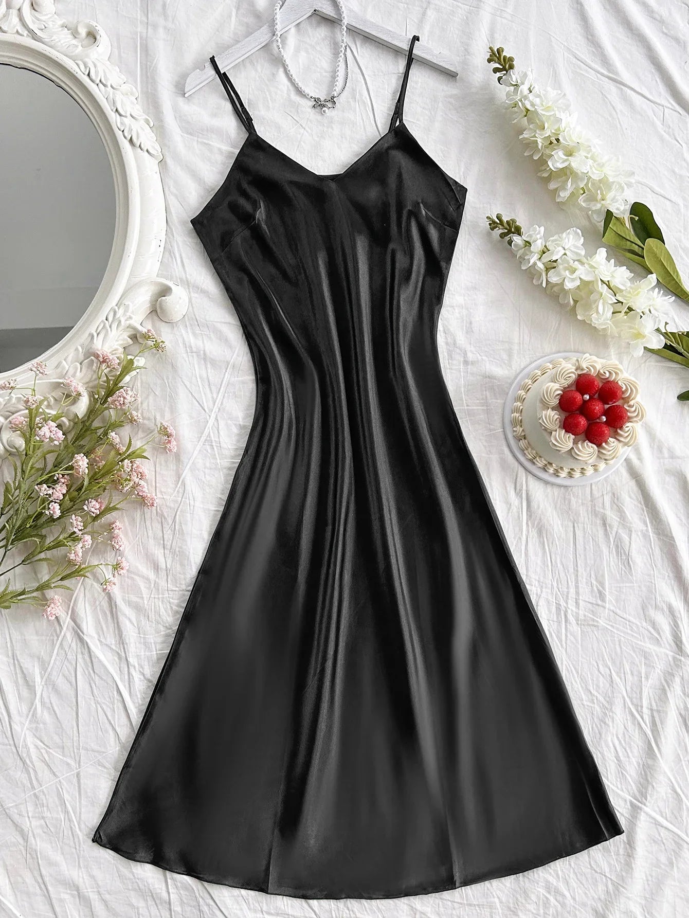 Elegant Satin Sexy Long Slip Solid Color Nightdress
