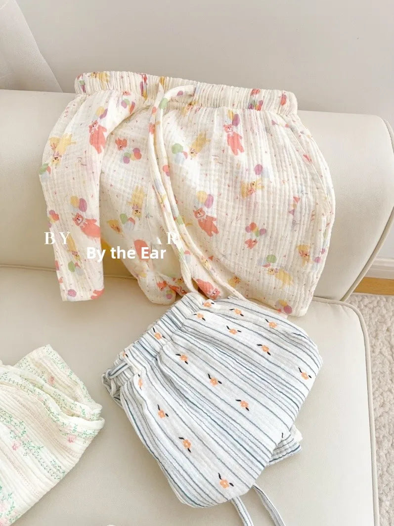 Thin Pure Cotton Bubble Cotton Gauze Sweet Loose High Waist Full Cotton Shorts