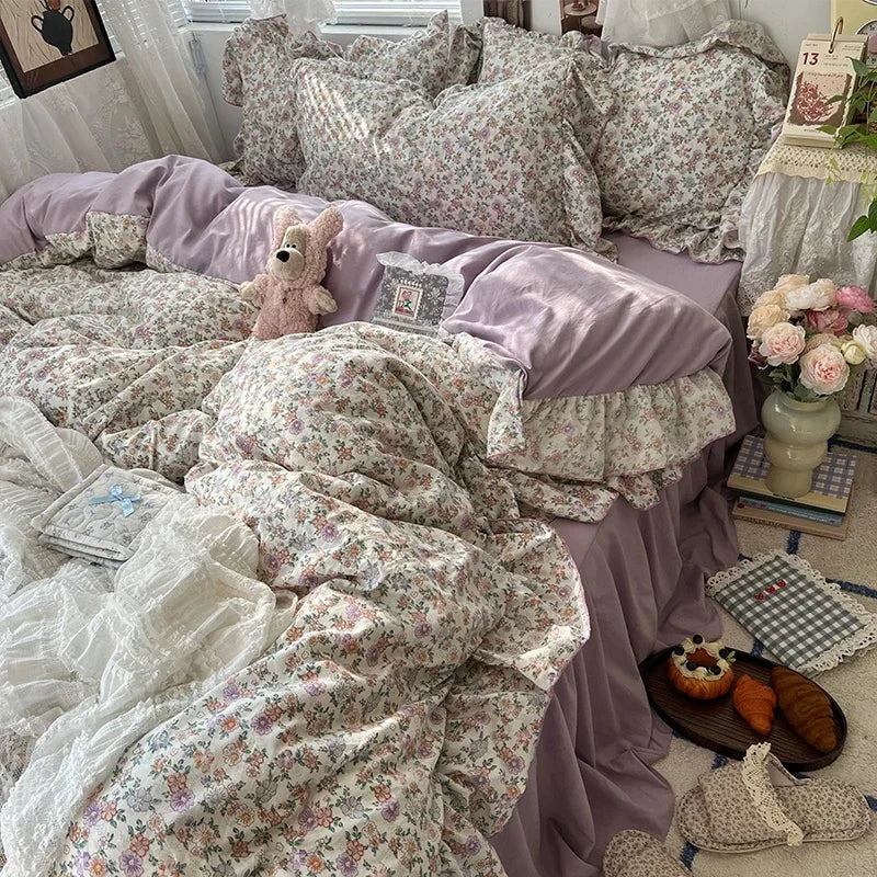 Princess Style Floral Ruffles Bedding Set Skin-friendly Soft Duvet Cover Set Bed Sheet Or Bed Skirt Pillowcases