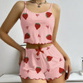 Strawberry Print Ribbed Two-Piece Knit Camisole Pajama Set