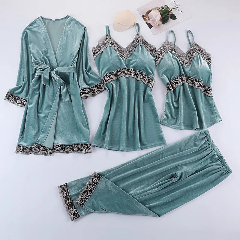 Lace Velvet 4 Pieces Women Warm Pajamas Sets With Pants Sexy Robe Sleepwear Sleeveless Nightwear