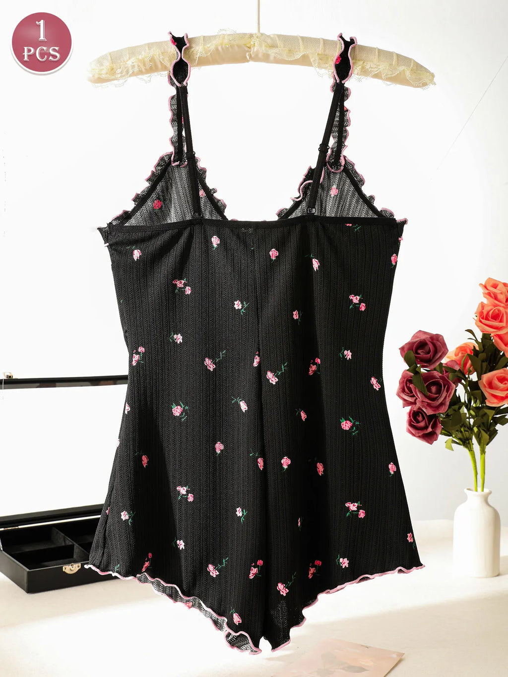 Cute Black Embroidered Rose One-piece Sleeveless Pajama Jumpsuit