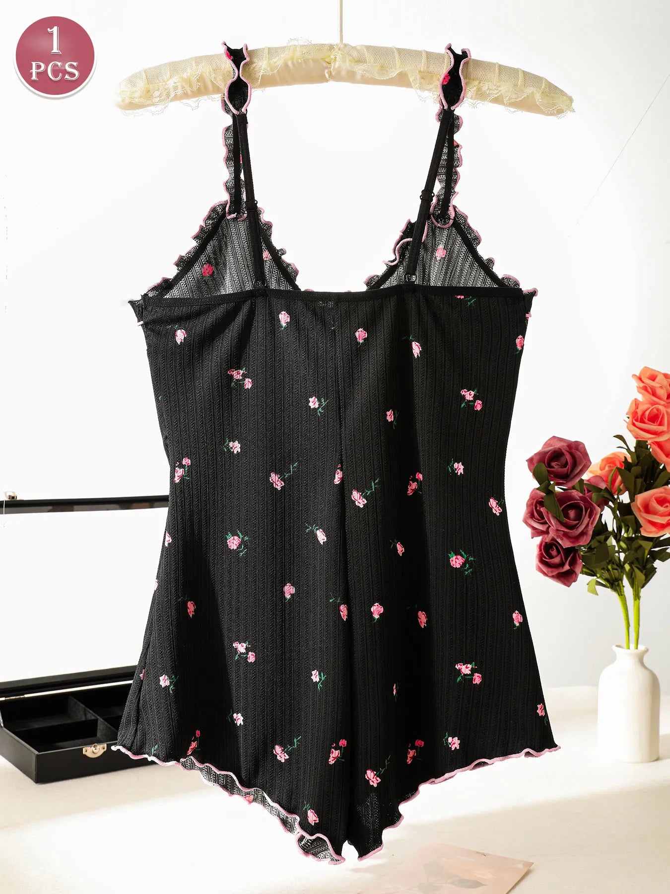 Cute Black Embroidered Rose One-piece Sleeveless Pajama Jumpsuit