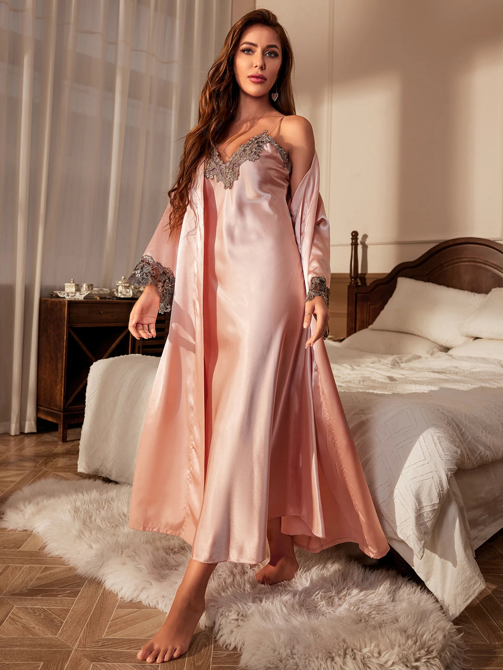 Contrast Lace Pajama Set Long Sleeve Robe With Belt V Neck Slip Dress