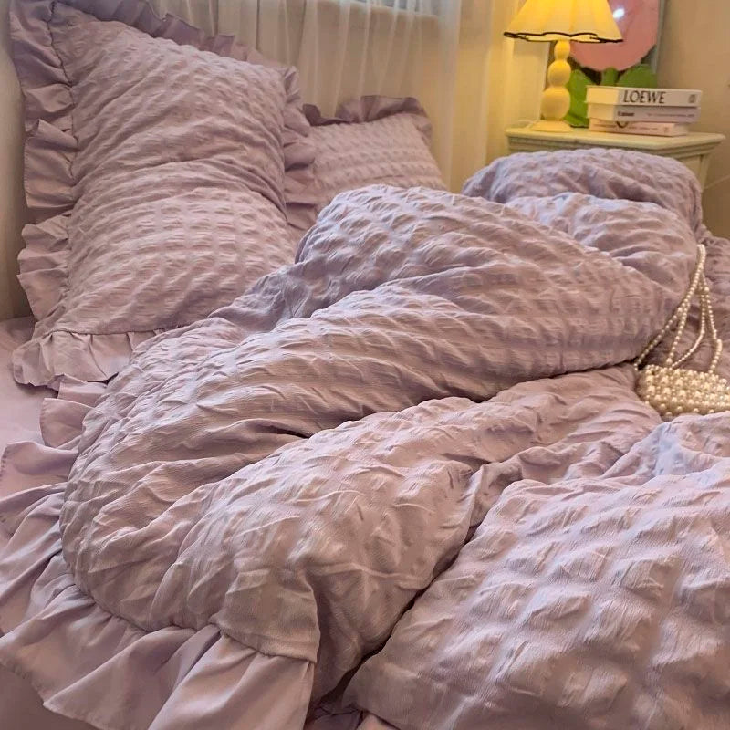 Solid Color Ruffles Lace  Kawaii Soft Sheet Duvet, Pillow & Quilt Cover