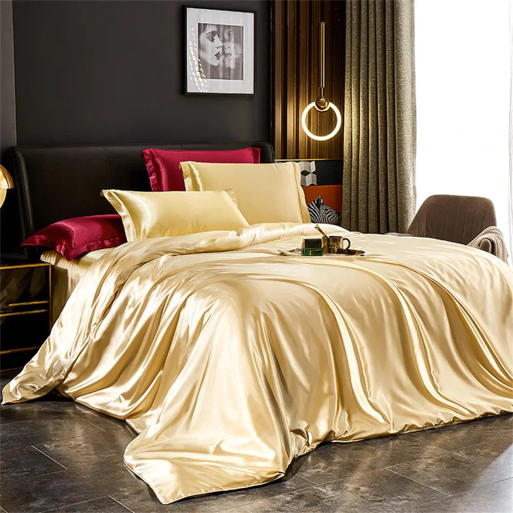 Luxury Silk Bedding Set with Duvet Cover Bed Sheet Pillowcases Satin