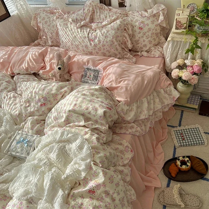 Princess Style Floral Ruffles Bedding Set Skin-friendly Soft Duvet Cover Set Bed Sheet Or Bed Skirt Pillowcases