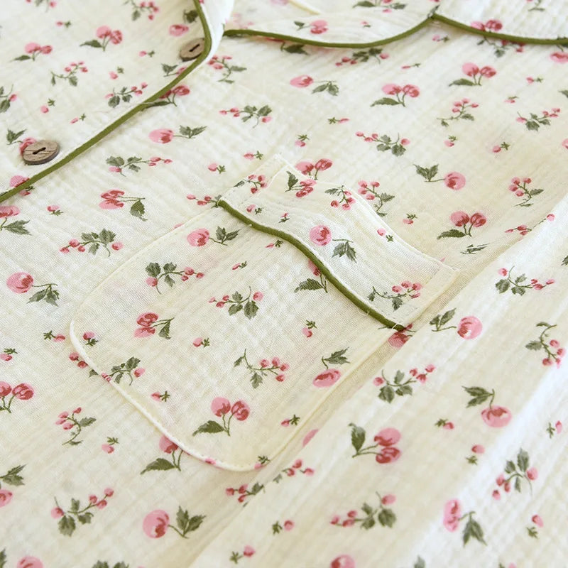 Ladies 100% Cotton Crepe Long sleeved Pants Two-piece Cute and Sweet Set