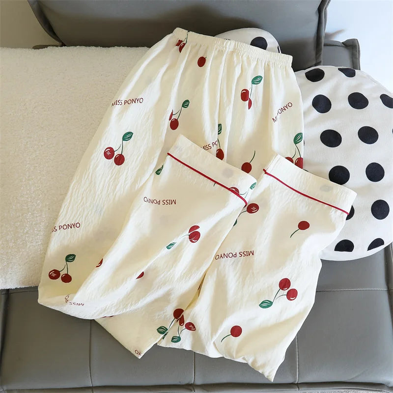 Cherries Print Two Pieces Cotton Pants and Top Set