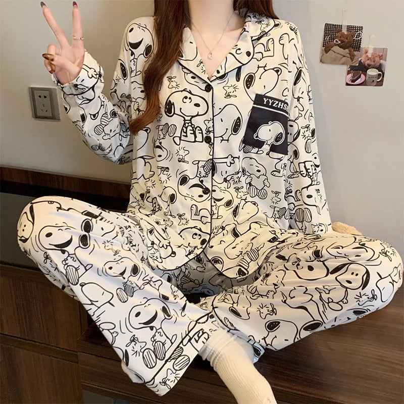 Snoopy Long Sleeve Two-Piece Pajamas Set Cute Cartoon Pattern Loungewear