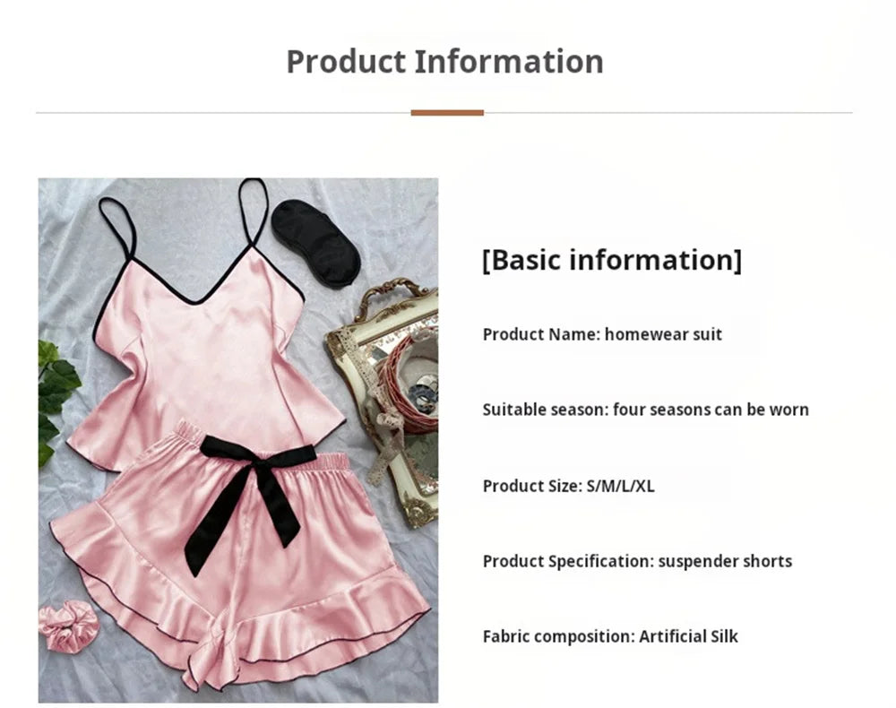 Smooth Satin Pajamas V-Neck T-Shirt Ruffled Edges And Bow Shorts Pajama Set