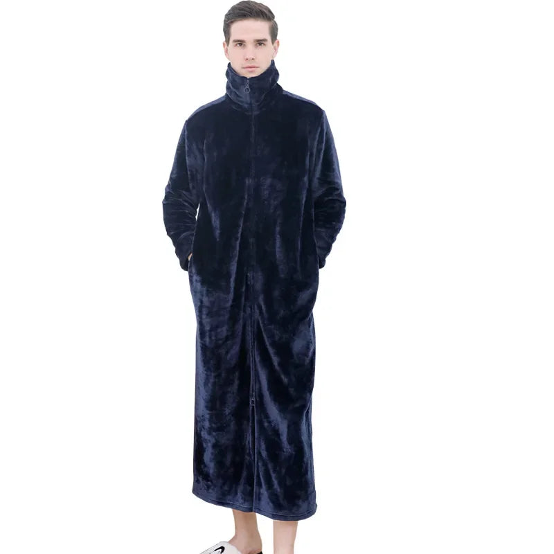 Ultra Long Thick Warm Bathrobe Thermal Flannel with Zipper