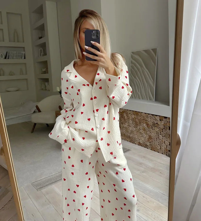 Women's Heart Print Long-Sleeve Lapel Chest Pocket Top And Pants Soft Cotton Fabric Loose Sleepwear