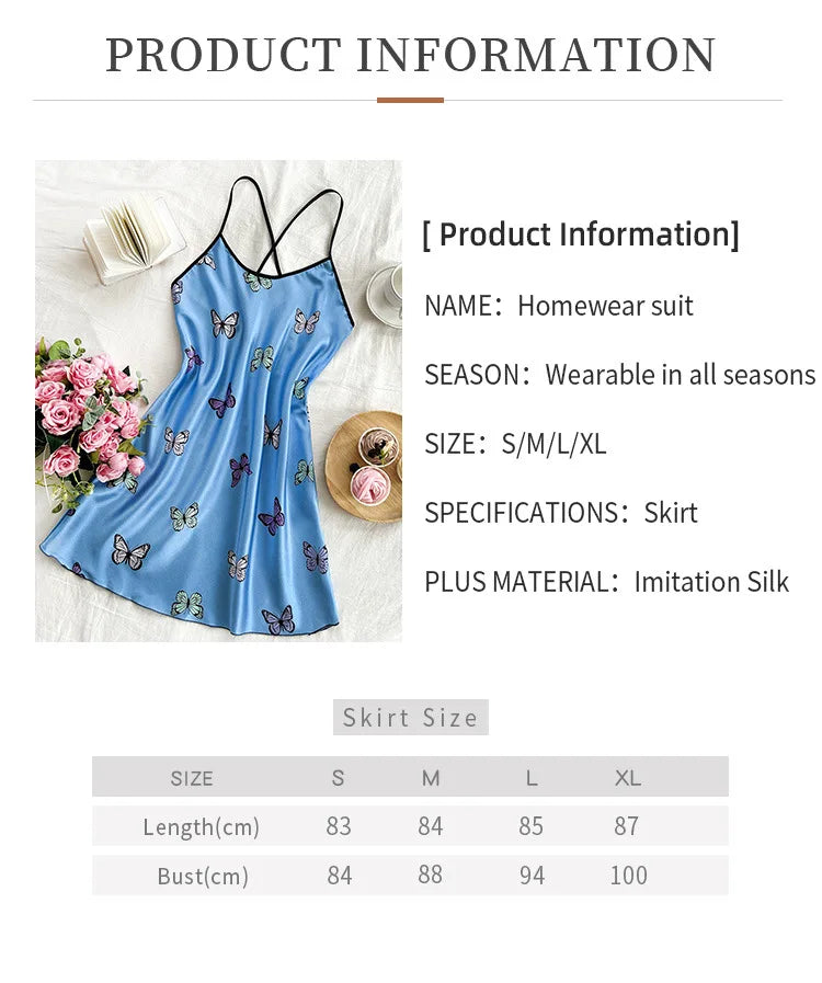 Silk Stain Butterfly Printed Slip Sexy Backless Nightdress