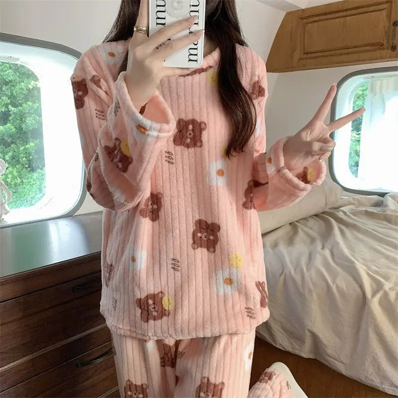 Fleece Print Warm Set Cozy Sleepwear Cute Cartoon Home Outfit Comfortable Loungewear Soft Pajamas