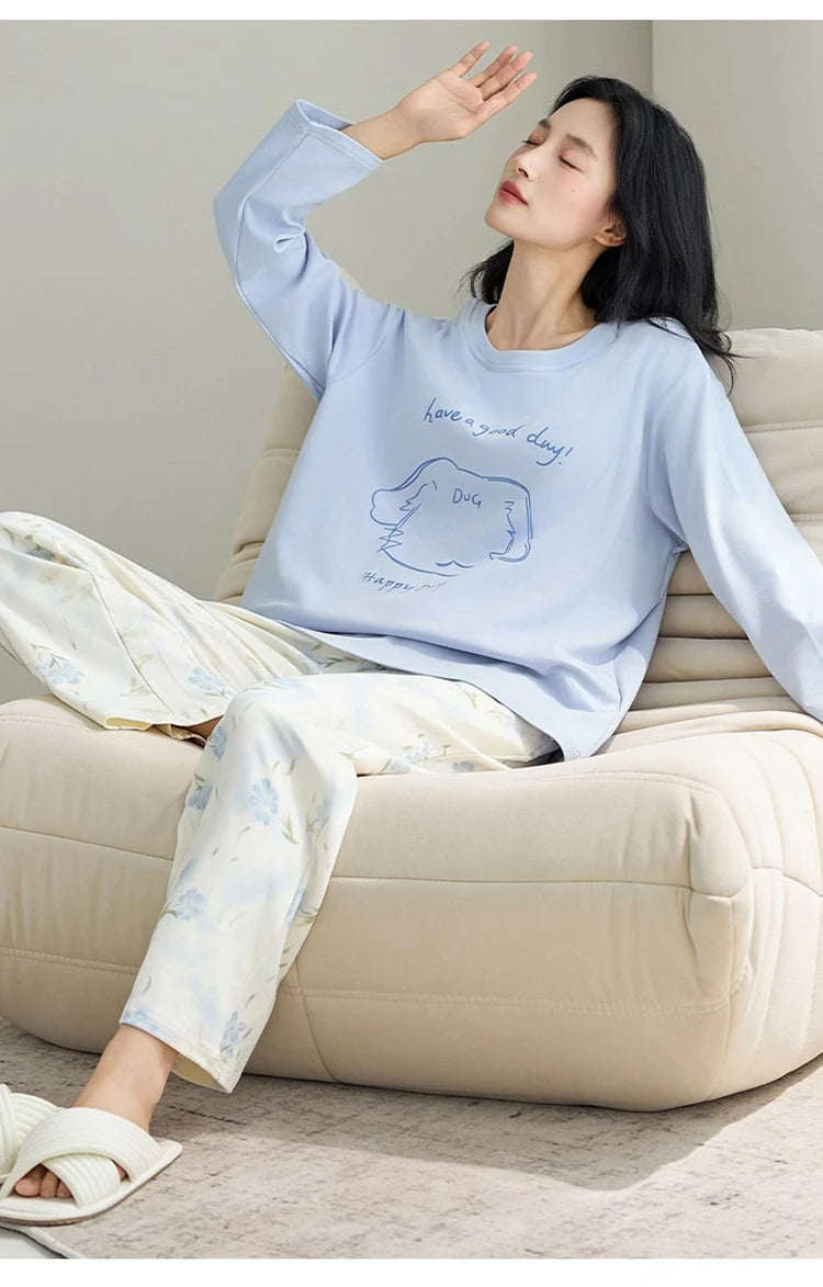 Cute Illustration Cartoon 100% Cotton Pajama Sets