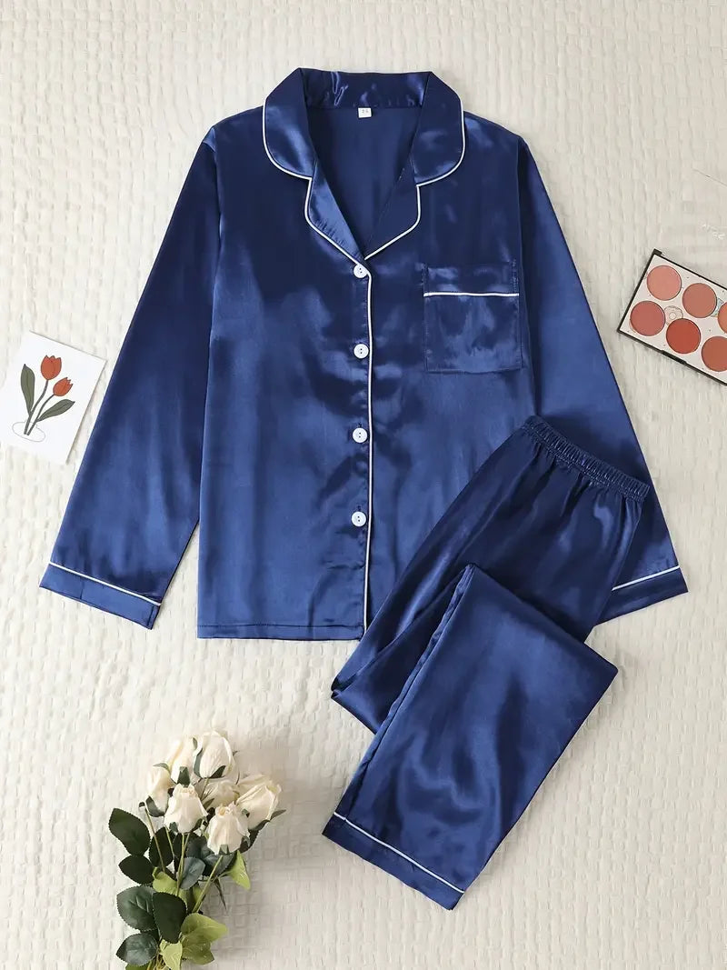 Silk Pajamas Set Casual Soft Breathable and Relaxed Fit Long Shirt Tops and Long Pants Sleepwear