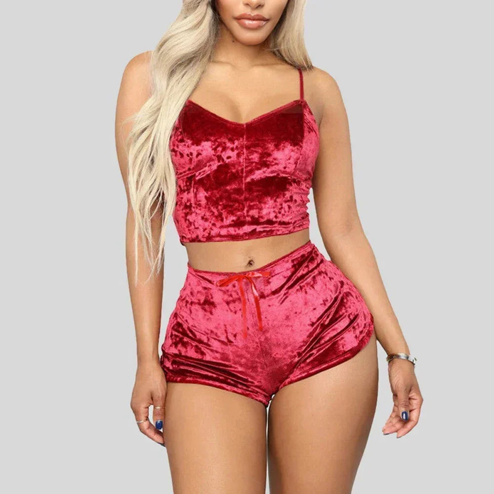 Velvet Polyester Comfortable V Neck Underwear Crop Top + Shorts Pajama Set