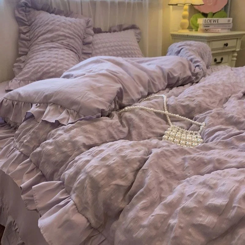 Solid Color Ruffles Lace  Kawaii Soft Sheet Duvet, Pillow & Quilt Cover