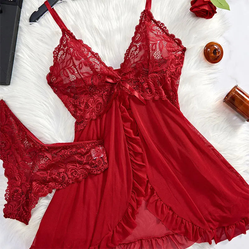 Ultra-thin Nightgown Lace Thong Sets Women's Sexy Pyjamas Lingerie