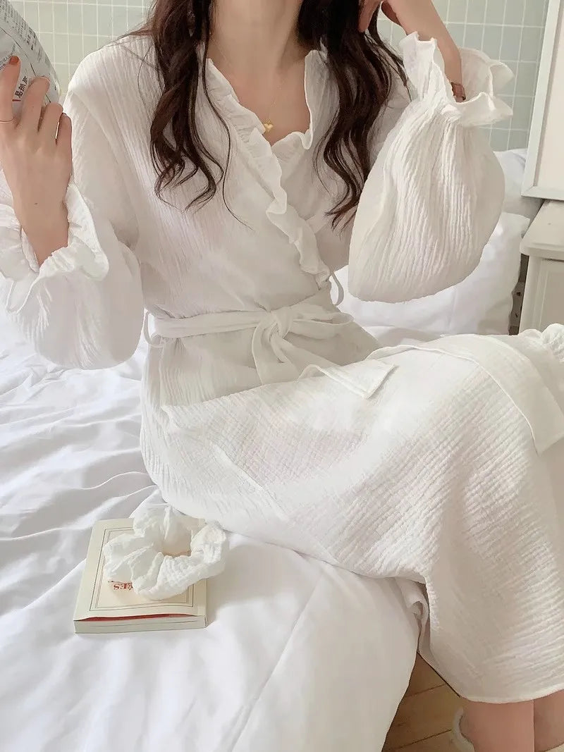 Girls Sweet Ruffled Simple Long-Sleeved Robe