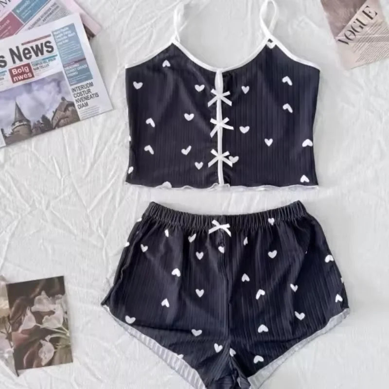 Heart Print Soft Ribbed Fabric with Flirty Frill Trim Casual Cami Top and Shorts Sets Loungewear
