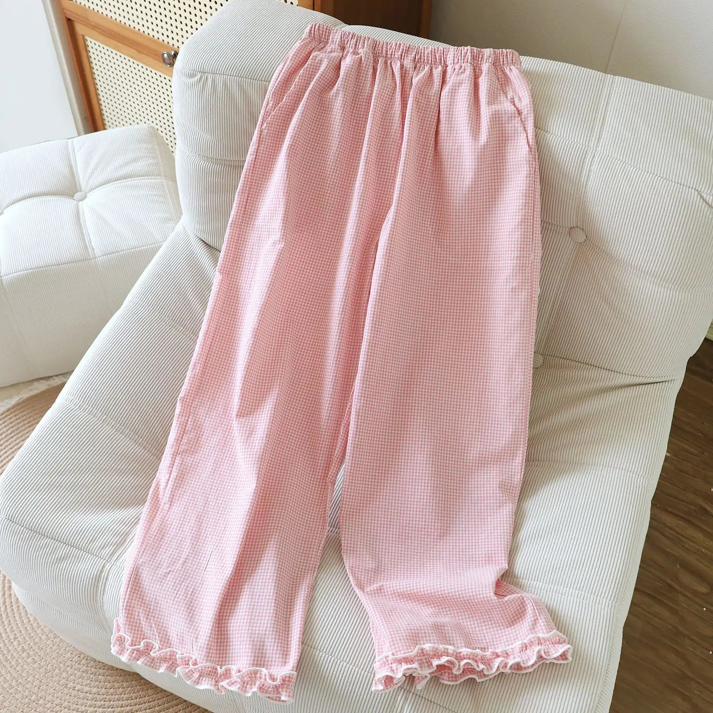 Loose Size Plaid Pajama Pants Elastic Waist Casual Homewear Women Nine-point Trousers