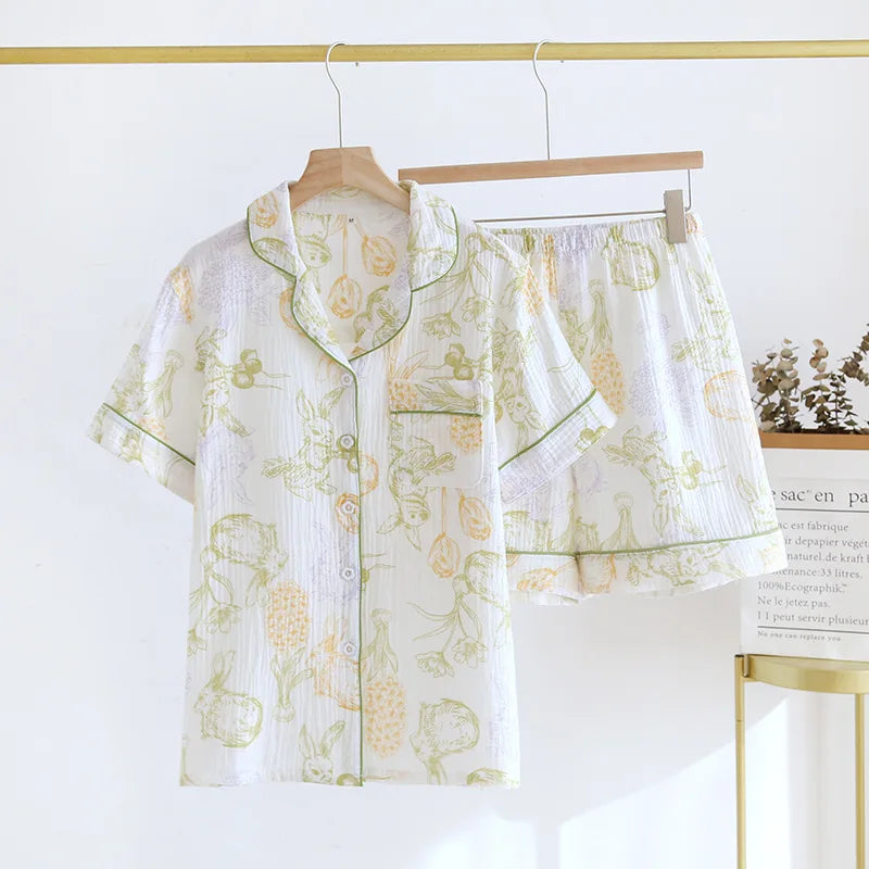 Japanese Short-sleeved Shorts Two-piece Ladies Cotton Crepe Cute Fresh Loose Set