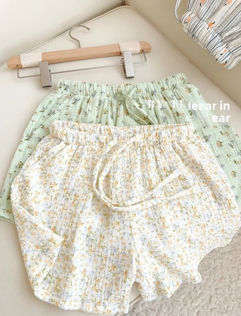 Thin Pure Cotton Bubble Cotton Gauze Sweet Loose High Waist Full Cotton Shorts