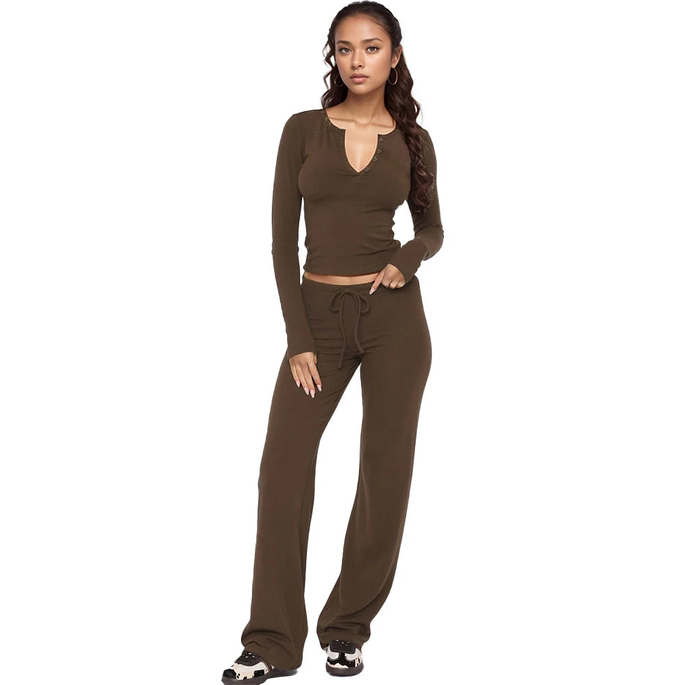 Women's Coffee Two-Piece Pajamas Set Long Sleeve Pullover Comfortable Shirt Drawstring Waist Cinching Pants Loungewear