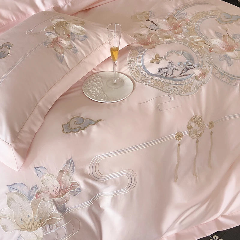 Flowers Bird Embroidery Luxury Bedding Set 1000TC Egyptian Cotton Duvet Cover Bed Sheet Pillowcases 4/5Pcs