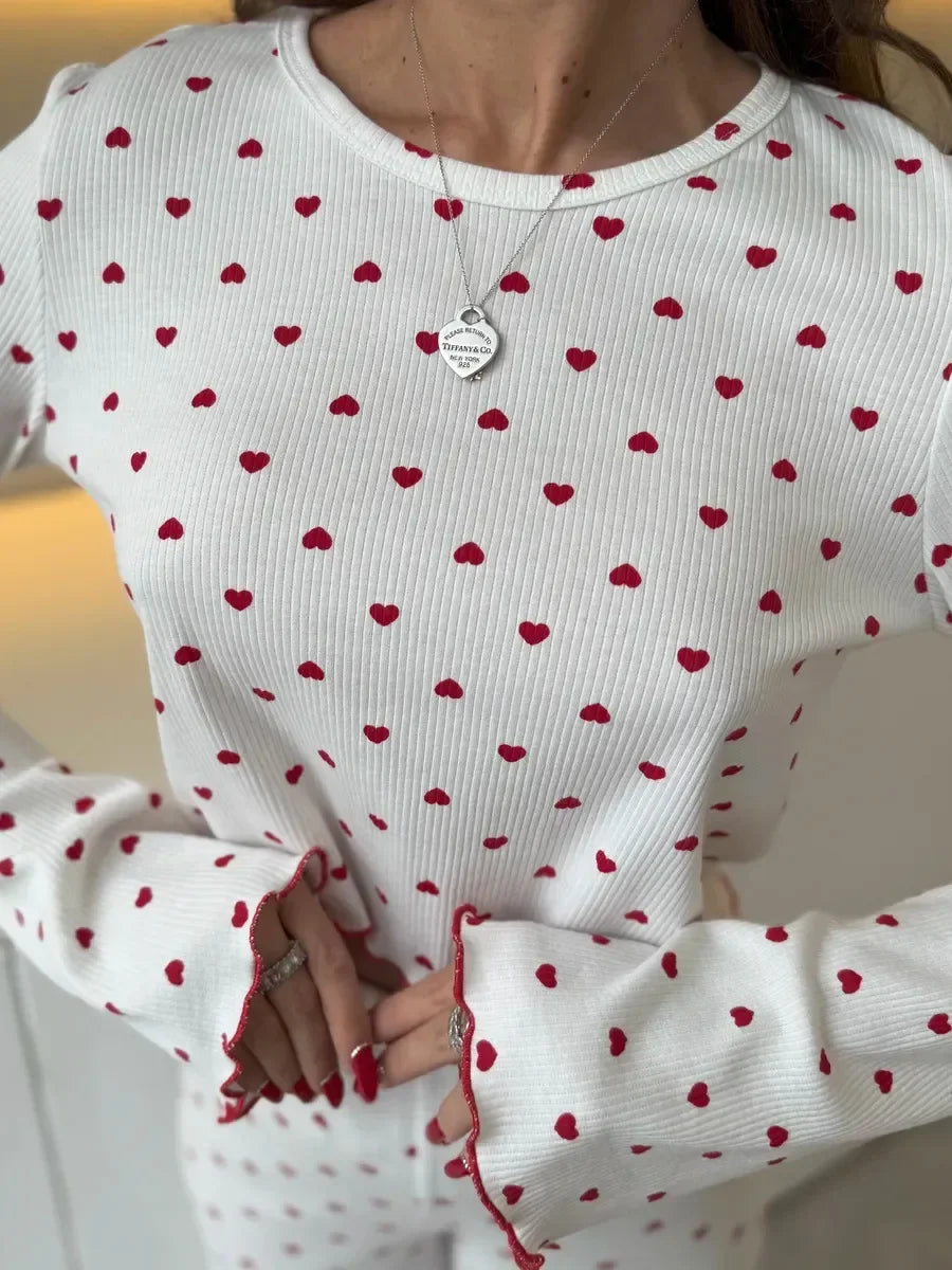 Y2K-Style Two-piece Cherry/Heart Print Cuffed-Long-Sleeve Tops and Long Trousers