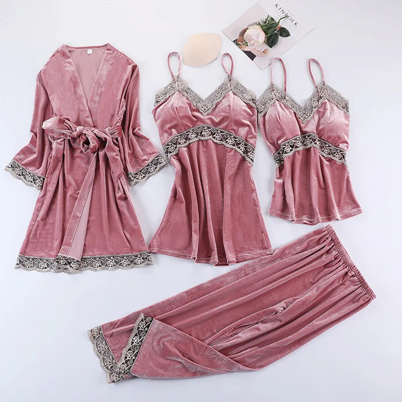 Lace Velvet 4 Pieces Women Warm Pajamas Sets With Pants Sexy Robe Sleepwear Sleeveless Nightwear