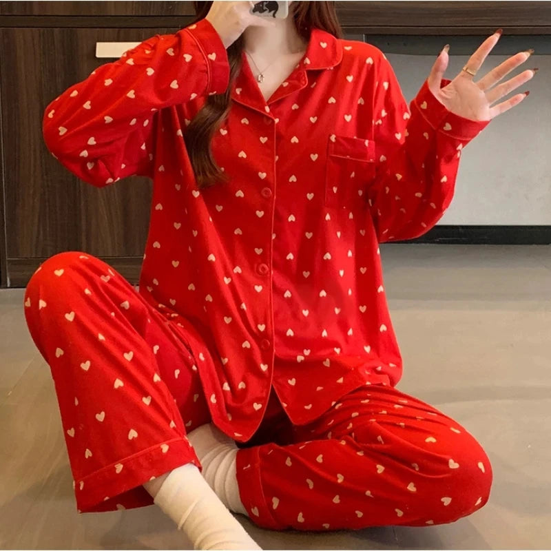 Cozy Heart Print Long Sleeve Pajama Set