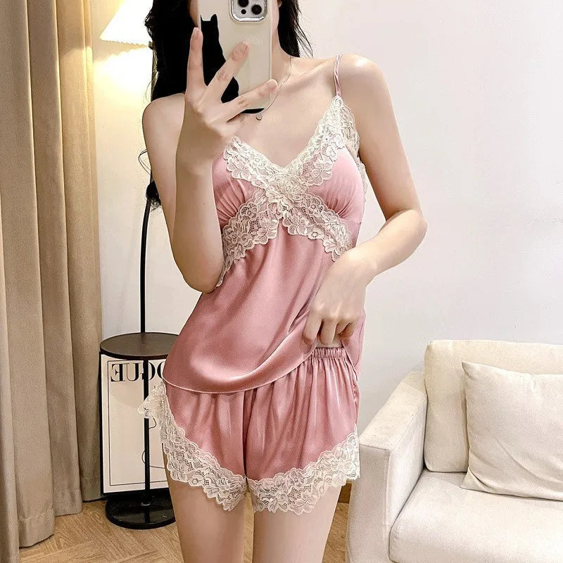V Neck Spaghetti Strap Two Piece Sexy Satin Lace Trim Cami Top Shorts Lingerie
