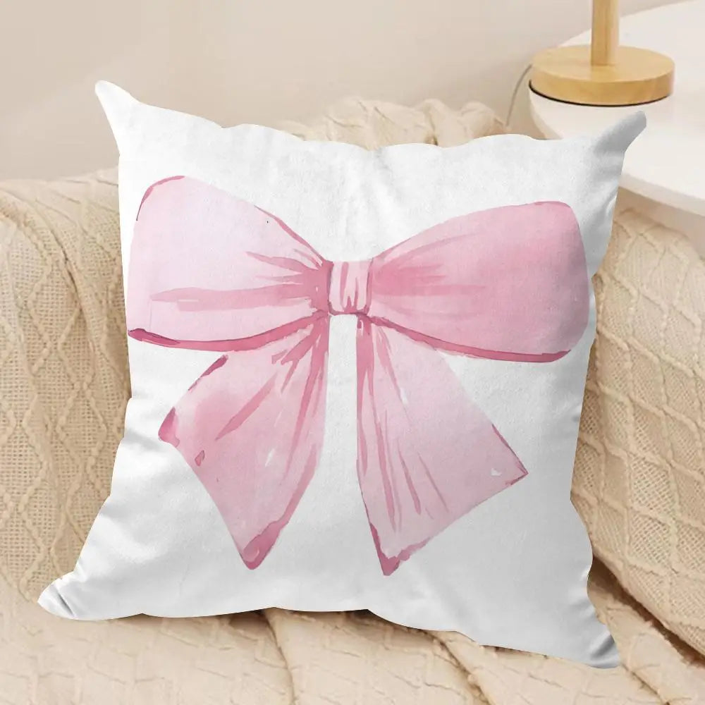 Pink Bow Cherry Cushion Cover Soft Plush Fabric Double-Sided