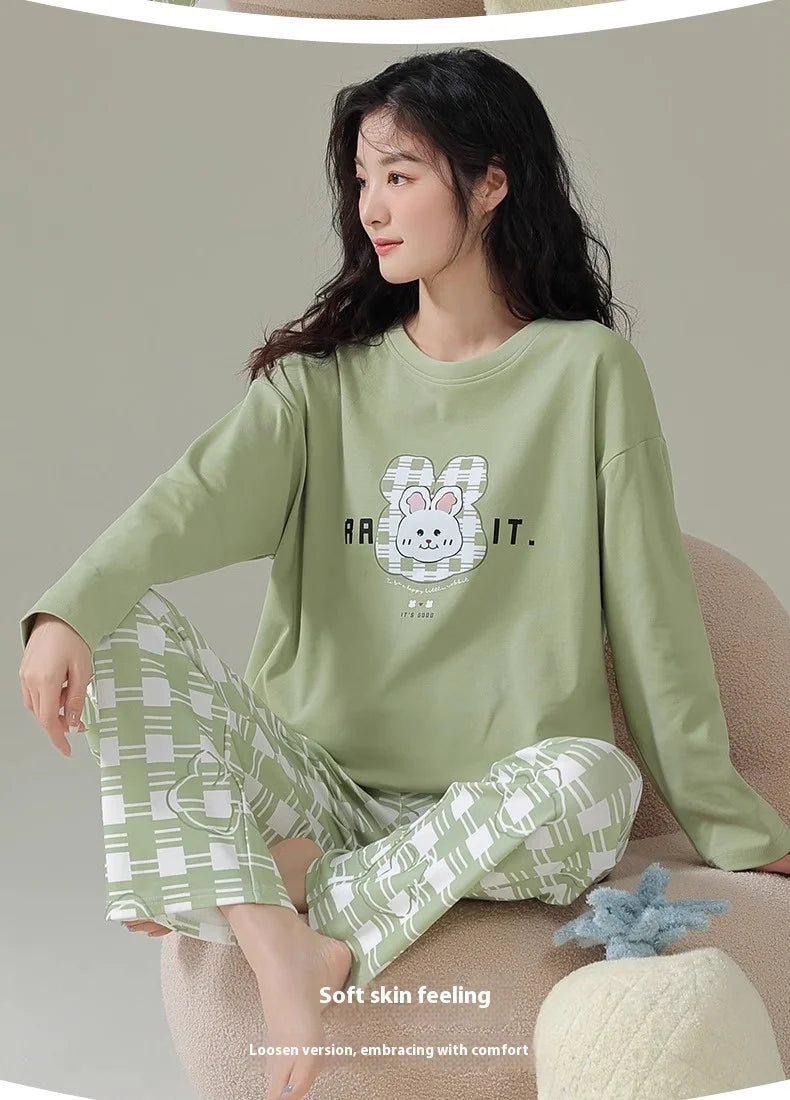 Cotton High Quality Large Size Ladies Pullover Long-Sleeved Cartoon Home wear 2PCS/Set