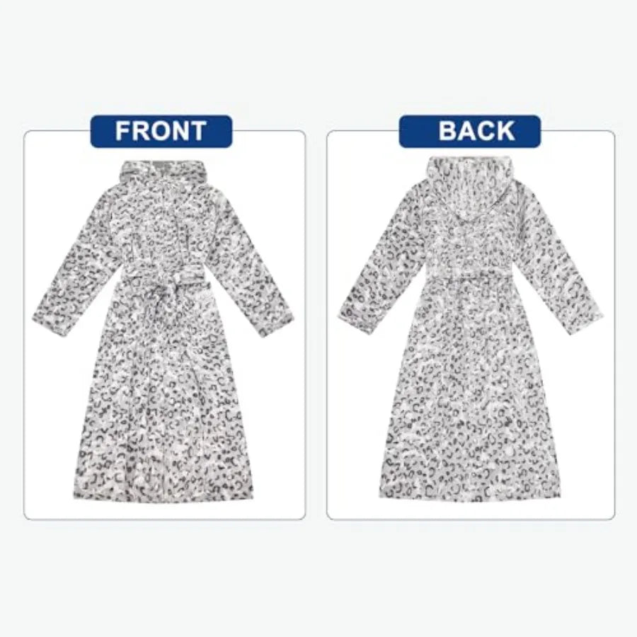 White Leopard Plush Fleece Hooded Bathrobe Thick Nightgown with Pockets Fluffy Sleepwear