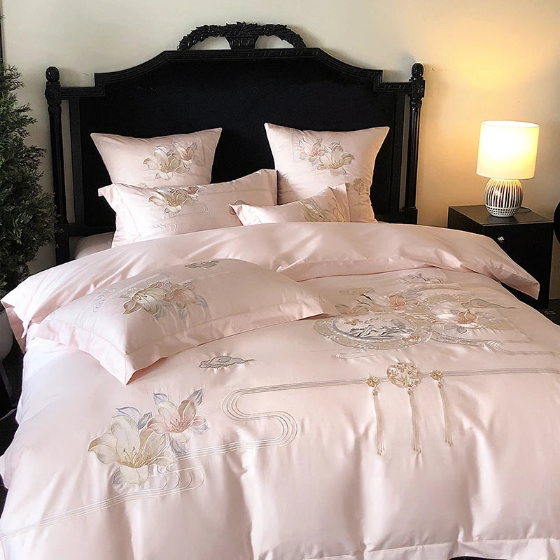Flowers Bird Embroidery Luxury Bedding Set 1000TC Egyptian Cotton Duvet Cover Bed Sheet Pillowcases 4/5Pcs