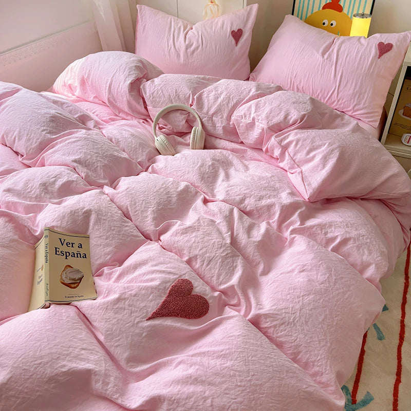 Heart Pattern Solid Color Bedding Set Soft Bed Flat Sheet Duvet Cover Set Pillowcases Simple Bed Linen