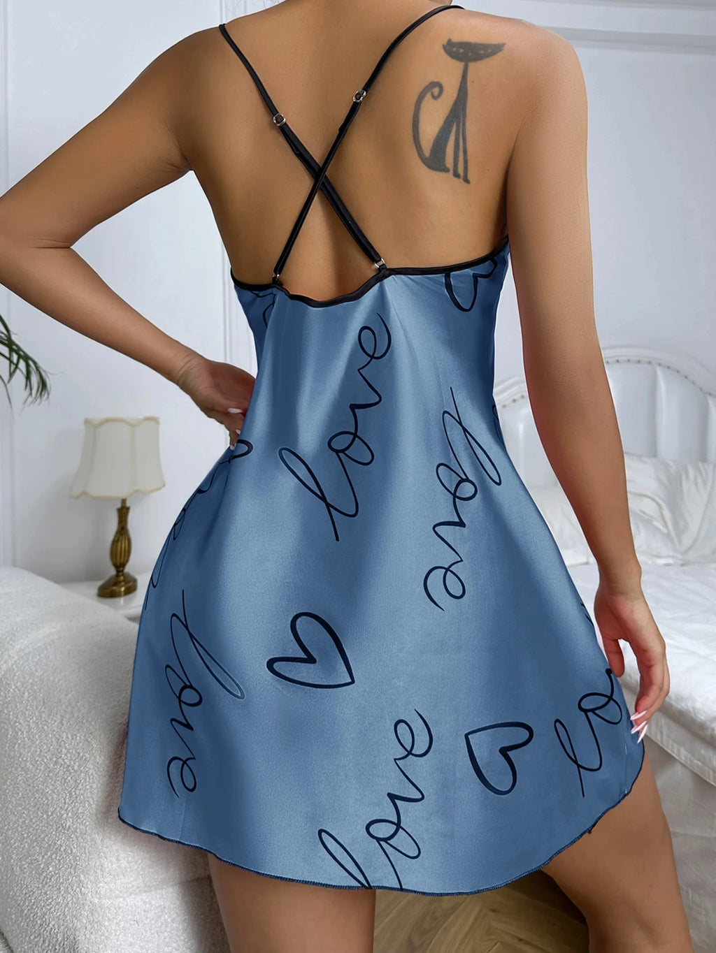 Heart Print Nightdress Scoop Neck Criss Cross Back Sleep Dress Women's Sleepwear