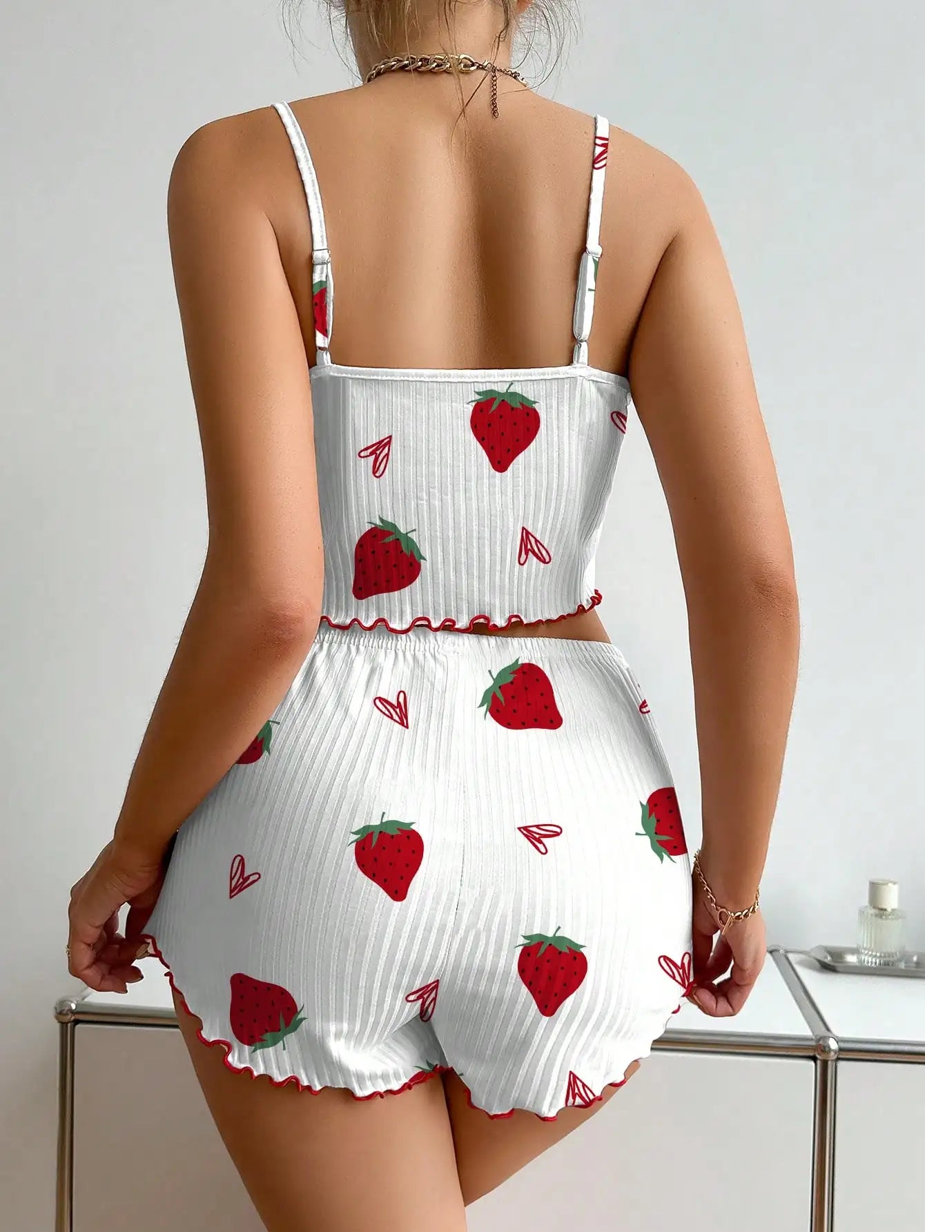 Strawberry Print Ribbed Knit Ice Silk Camisole Pajama Set