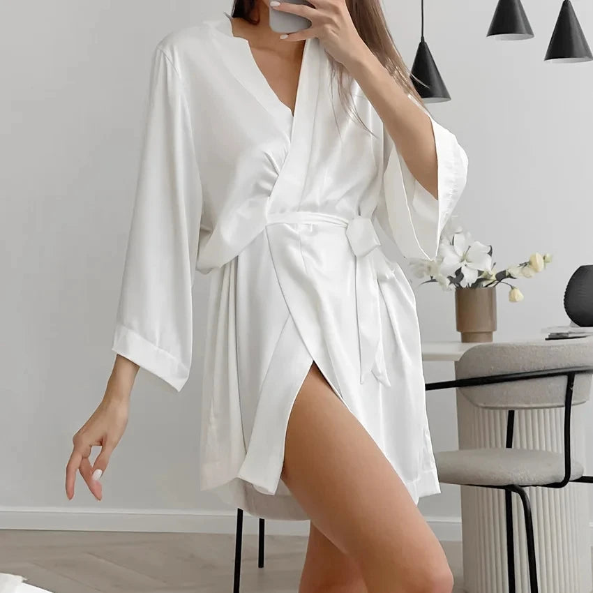 Ladies Bride- style Morning 3/4 Sleeve Loose Female Silk Satin Kimono Lingerie Gown